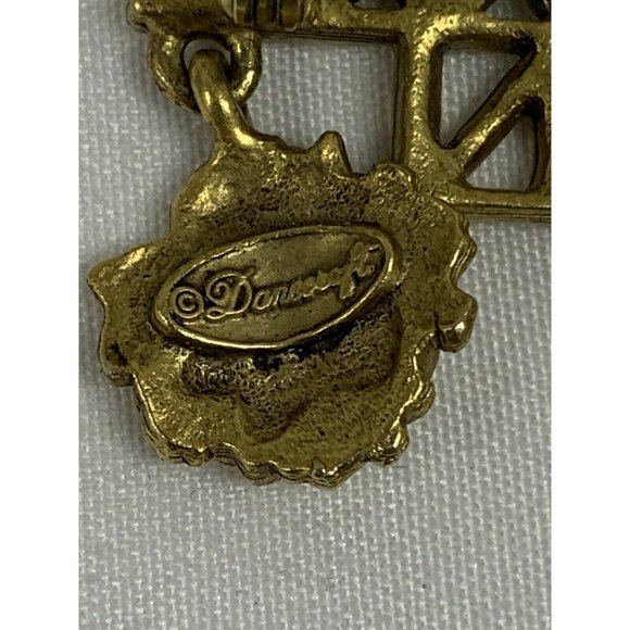 Vintage 1 3/4” Signed Danecraft "Grow Your Own” Brooch With Three Charms Hanging - Picture 3 of 3